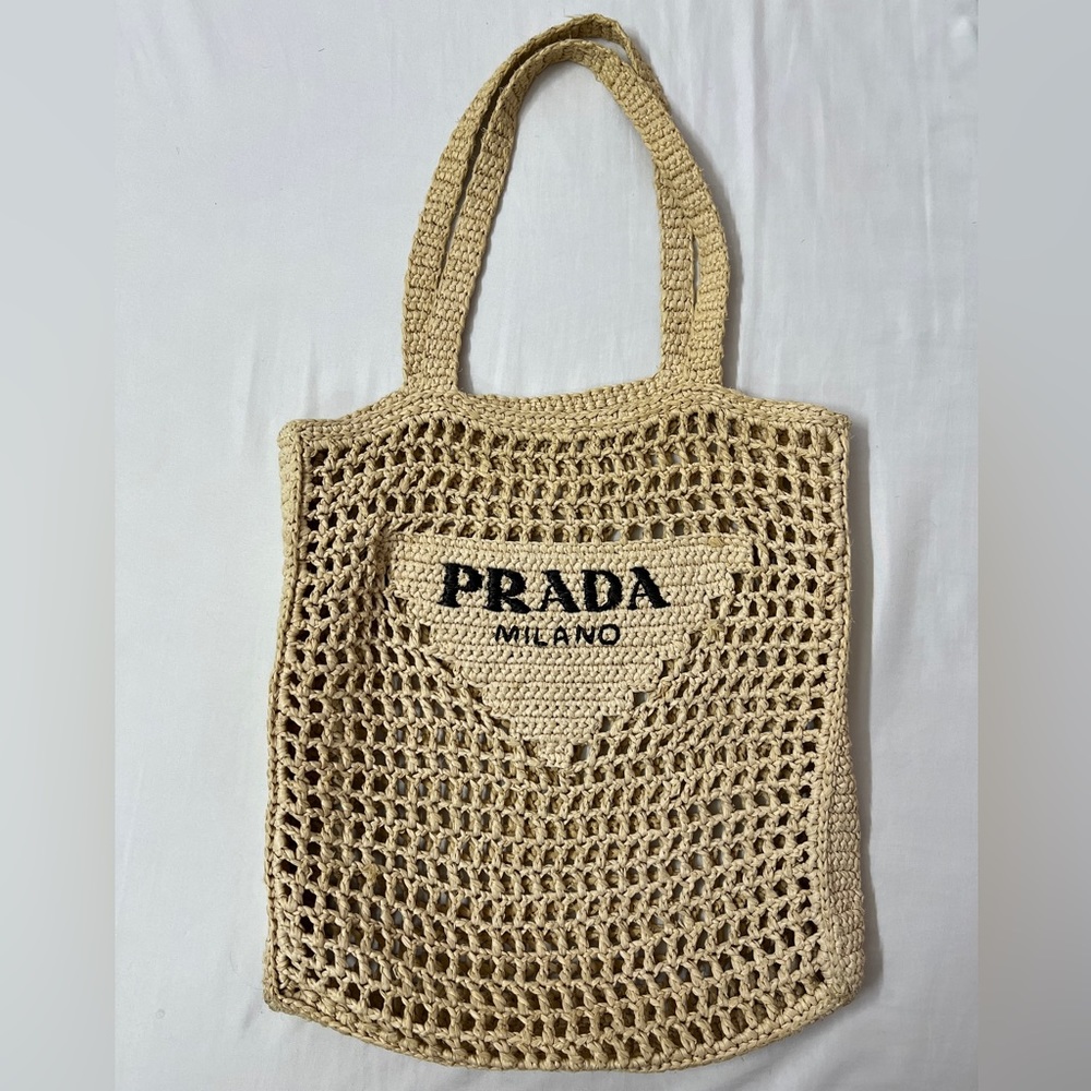Prada Beige Crochet Tote Bag with Black Logo